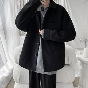 秋冬季毛呢大衣男短款加绒加厚韩版潮流风衣大码宽松纯色呢子外套