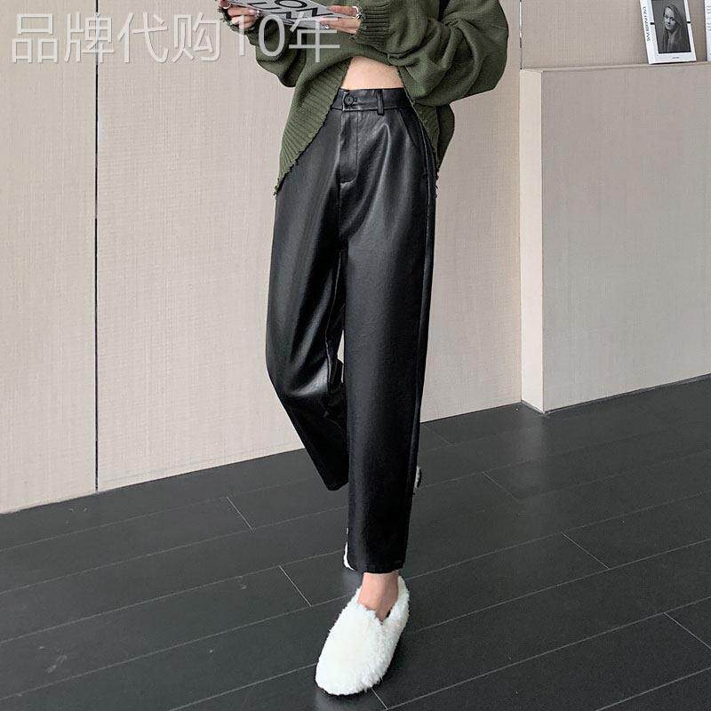 宽松哈伦皮裤女2025年春秋季新款高腰显瘦九分直筒西装裤休闲裤子