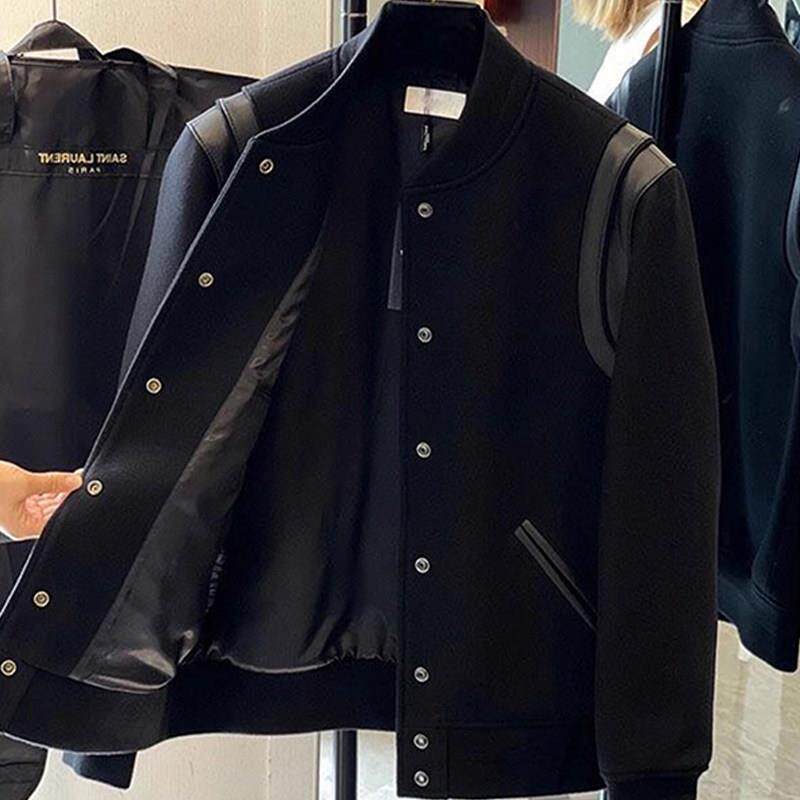 轻奢拼皮撞色毛呢棒球服外套男2026春季痞帅高级感短款垫肩夹克