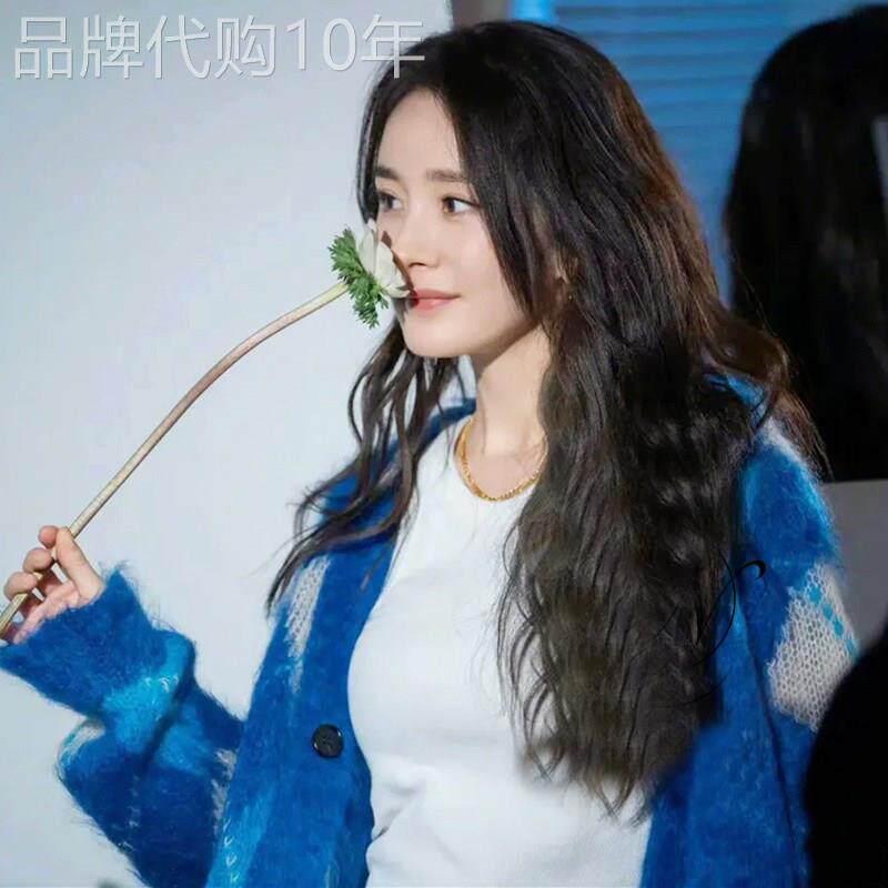 日系2025慵懒风蓝色毛衣开衫女秋冬复古学院风菱格v领针织外套