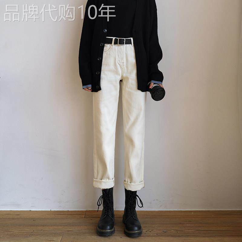 米白色牛仔裤女士秋季2025新款窄版阔腿裤加绒加厚高腰九分直筒裤