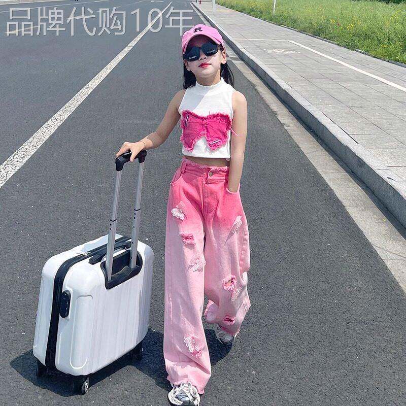 法国Uamtor牛仔裤女童夏破洞渐层2026新款中薄款宽松高腰裤潮