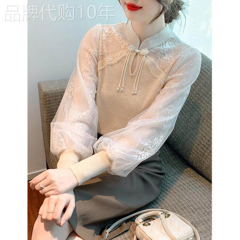 蕾丝打底衫女士春秋季2025新款内搭洋气网纱中式盘扣衬衫针织上衣