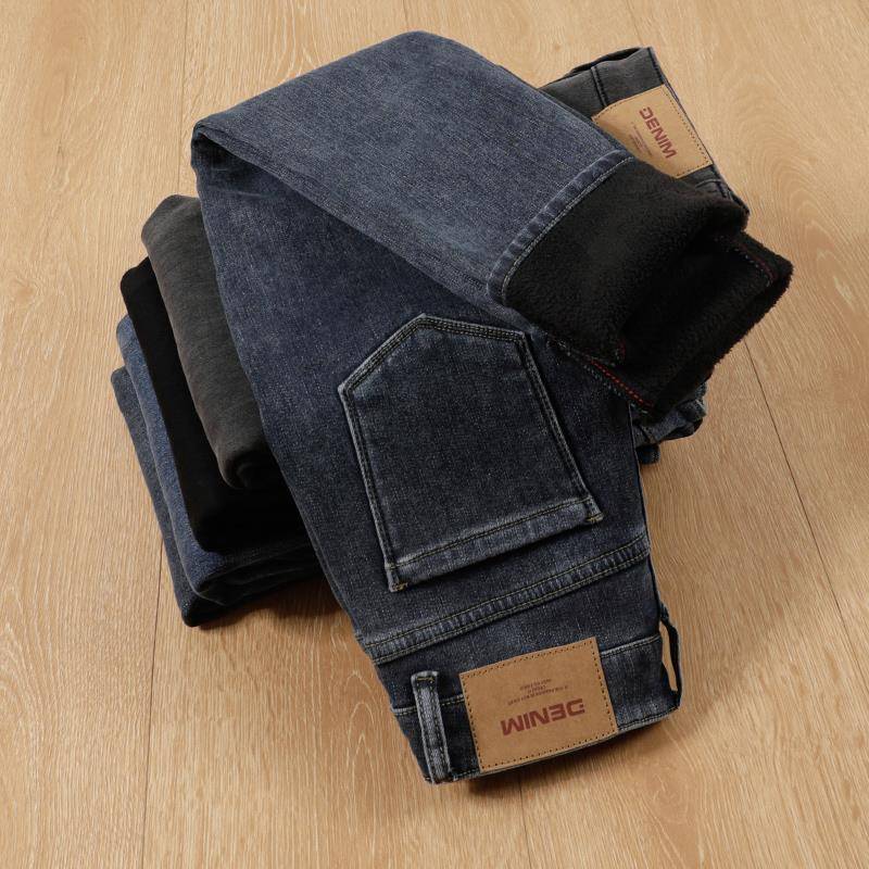 高腰弹力蓝灰色加绒牛仔裤女士冬季紧身大尺码窄脚裤加厚保暖铅笔