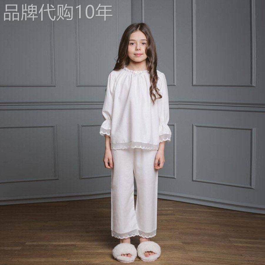韩国Uamtor儿童睡衣秋季欧美长袖真丝花边蕾丝女童空调家居服套装