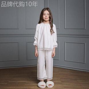 韩国Uamtor儿童睡衣秋季欧美长袖真丝花边蕾丝女童空调家居服套装