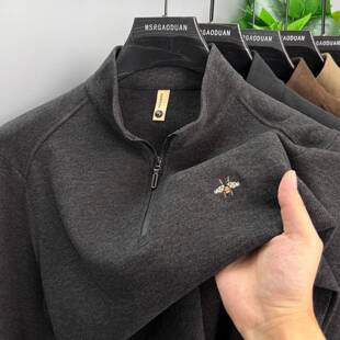 高端刺绣小蜜蜂半高领拉链卫衣男士秋冬季高端德绒磨毛保暖打底衫