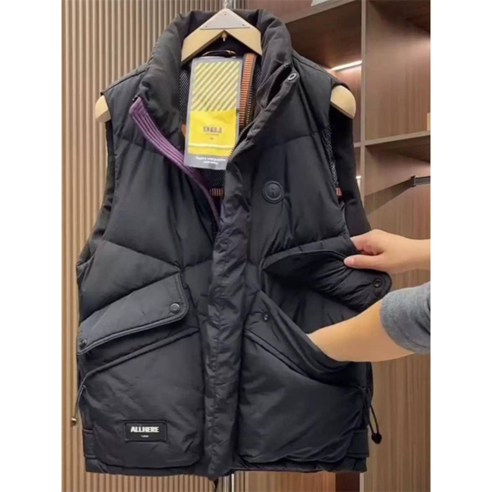 代购羽绒加厚立领马甲冬季工装大口袋休闲白鸭绒外套坎肩