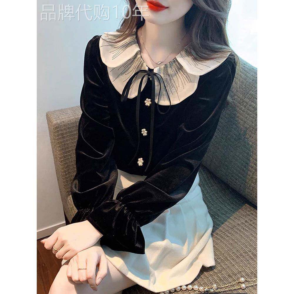 黑色金丝绒衬衫女士长袖春秋2025新款法式洋气时尚娃娃领衬衣上衣
