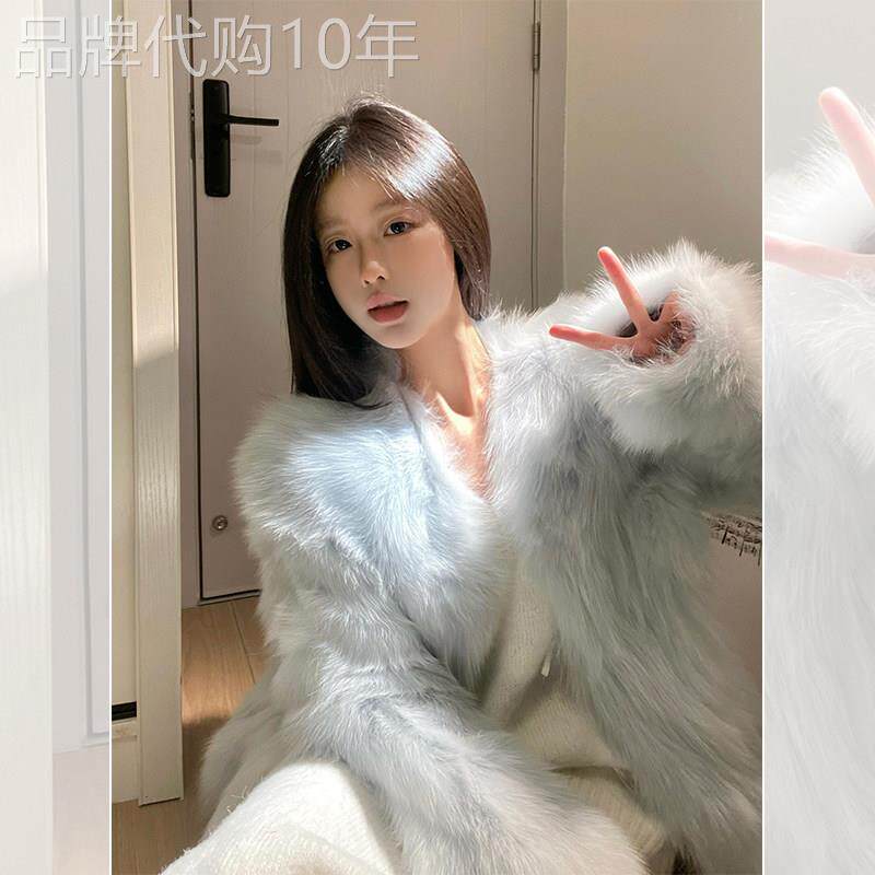 蓝色仿狐狸毛环保皮草外套女冬季2025新款短款皮毛一体毛毛绒大衣