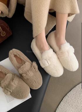 香港兔毛内增高休闲毛毛鞋女2025春秋时尚单鞋加绒百搭懒人一脚蹬