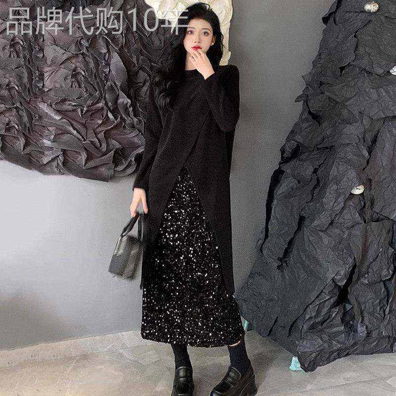 亮片半身裙女春秋款欧货大码胖mm宽松长袖正肩上衣显瘦长裙两件套