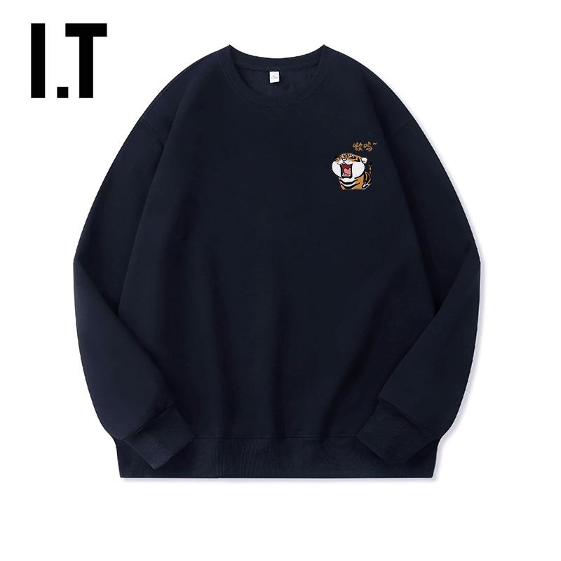 香港潮牌无帽卫衣男圆领秋冬日系潮流小老虎印花简约加绒长袖外套