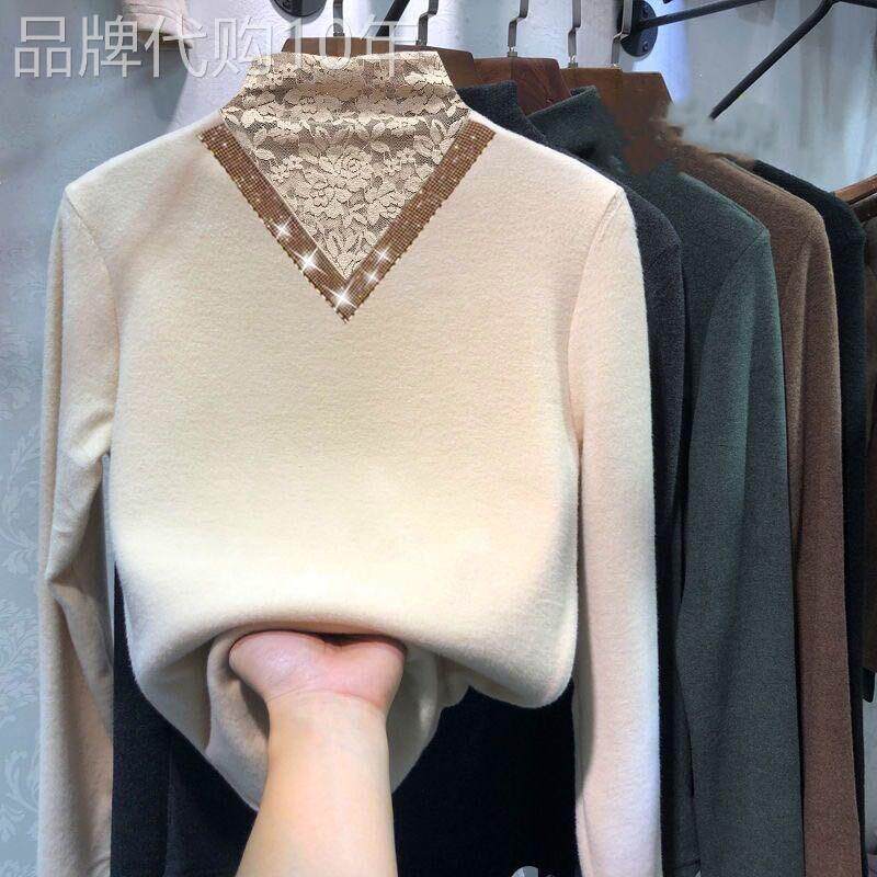 半高领德绒打底衫女内搭秋冬洋气加绒加厚时尚长袖纯棉蕾丝上衣女