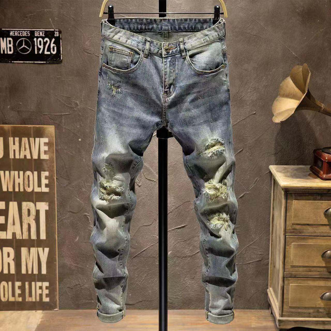 香港潮牌做旧破洞补丁牛仔裤男士秋冬修身小脚大破烂弹力乞丐长裤