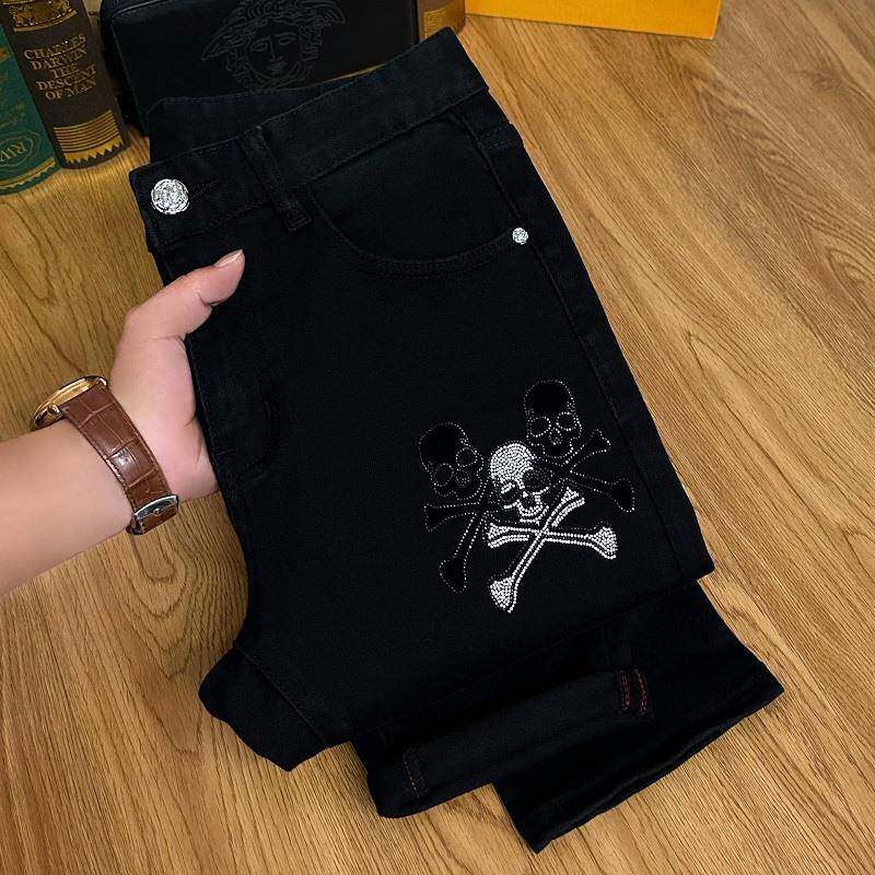 美式黑色破洞牛仔长裤男高端潮牌骷髅头镶钻修身小脚秋冬新款男裤