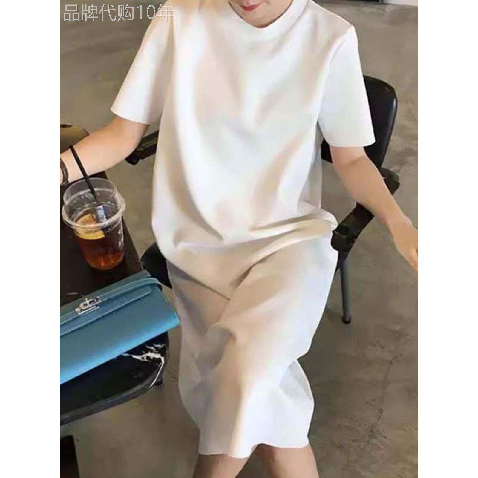 白色纯棉T恤裙女夏欧货短袖直筒半袖懒人裙过膝中长款连衣裙
