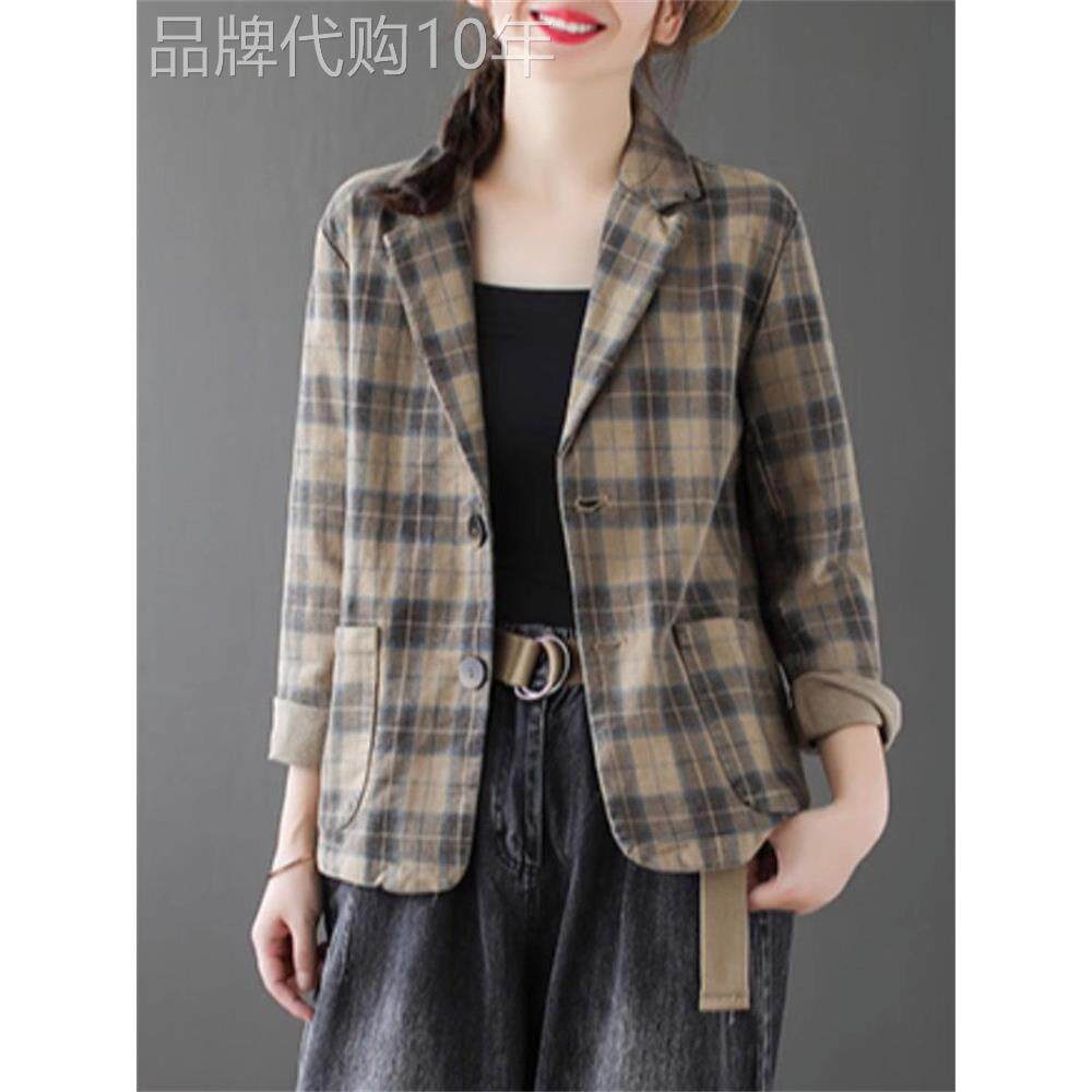 棉麻格子西装短外套女秋季2025年新款覆古减龄休闲亚麻西服上衣潮