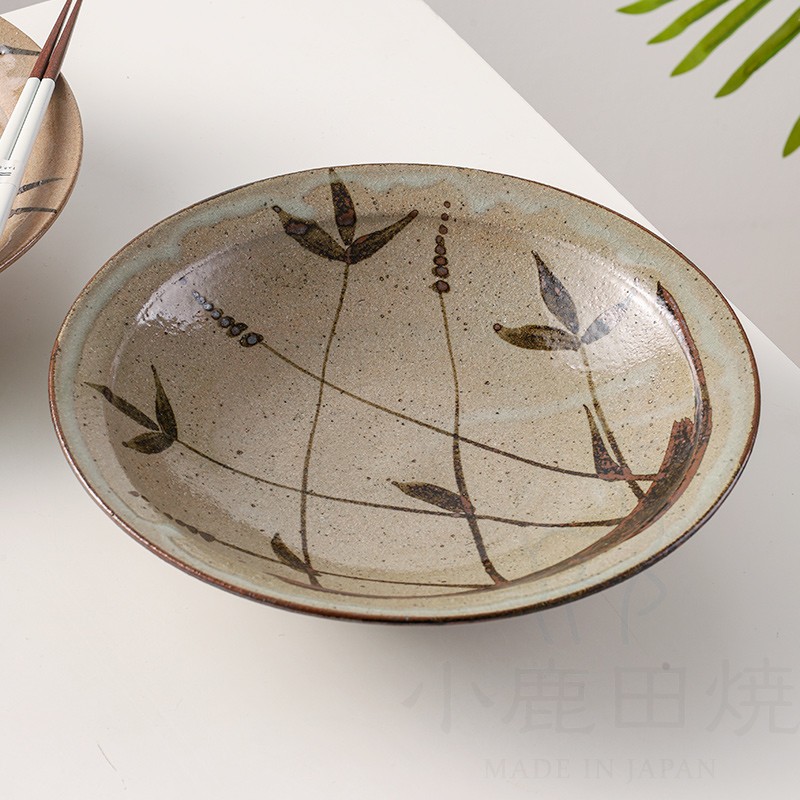 小鹿田烧日本进口水草唐津圆盘新款家用餐盘深盘鱼盘饺子菜盘餐具