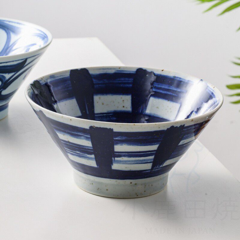 小鹿田烧日本陶瓷进口复古日式高脚防烫反口餐具大面碗拉面碗汤碗