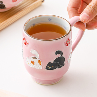日本原装进口清水烧陶制纯手工猫咪可爱马克杯茶杯饭碗粉色釉下彩