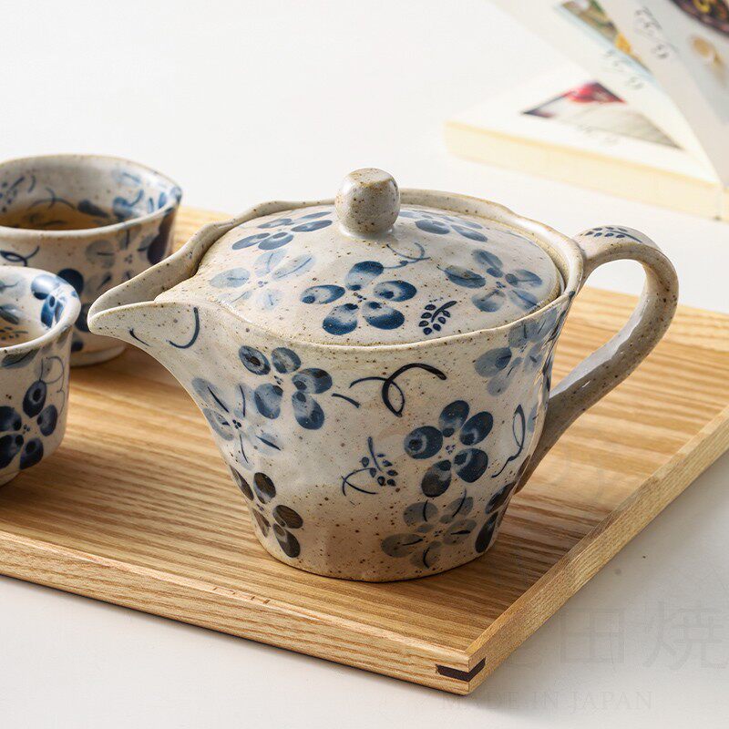 小鹿田烧日本制进口陶瓷手绘复古蓝染花茶具茶壶急须壶茶杯釉下彩