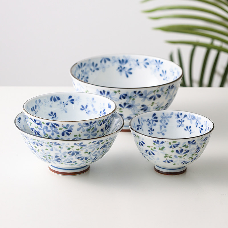小蓝芽日本进口米饭碗釉下彩陶瓷餐具家用面碗汤碗日式高脚碗盘子
