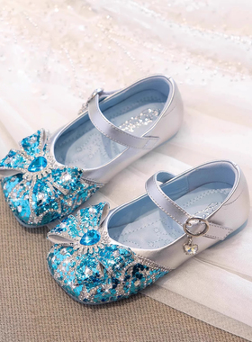 真皮儿童公主鞋2026春季新款女童鞋爱莎小皮鞋单鞋女宝蓝色水晶鞋