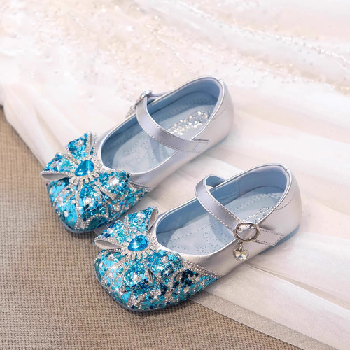 真皮儿童公主鞋蓝色水晶鞋