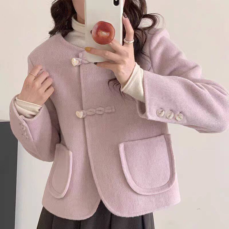 小香风双面羊绒大衣女短款2025新款韩系圆领气质百搭显瘦毛呢外套