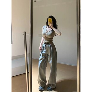美式复古竖条纹阔腿长裤男女款设计感腰扣时尚宽松休闲裤拖地裤子