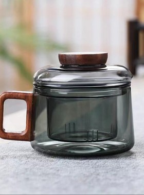 木把烟灰色茶杯高硼硅泡茶玻璃墩墩杯带过滤茶水分离杯200ml