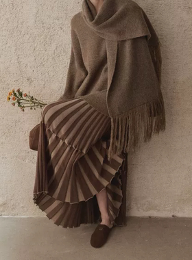 现货UNITY  MODE复古风针织条纹加厚百褶半身裙女秋冬大裙摆长裙