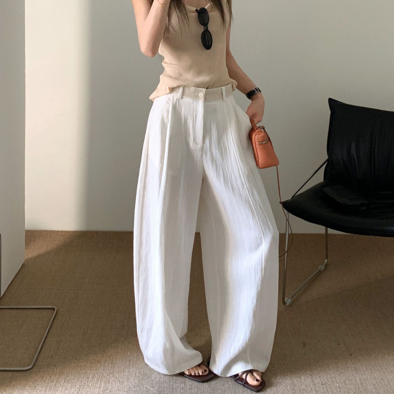MAR    夏薄TOP十三行老钱风亚麻天然质感编织纹理休闲裤20211