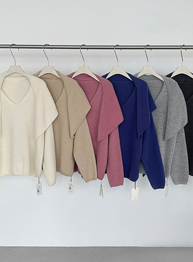 现货MAR  TG小众优雅气质叠搭三角披肩V领针织羊毛衫女冬装25939