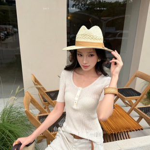 爱姐ELSISSI纯色U领短袖上衣女夏新款休闲风百搭修身显瘦针织t恤