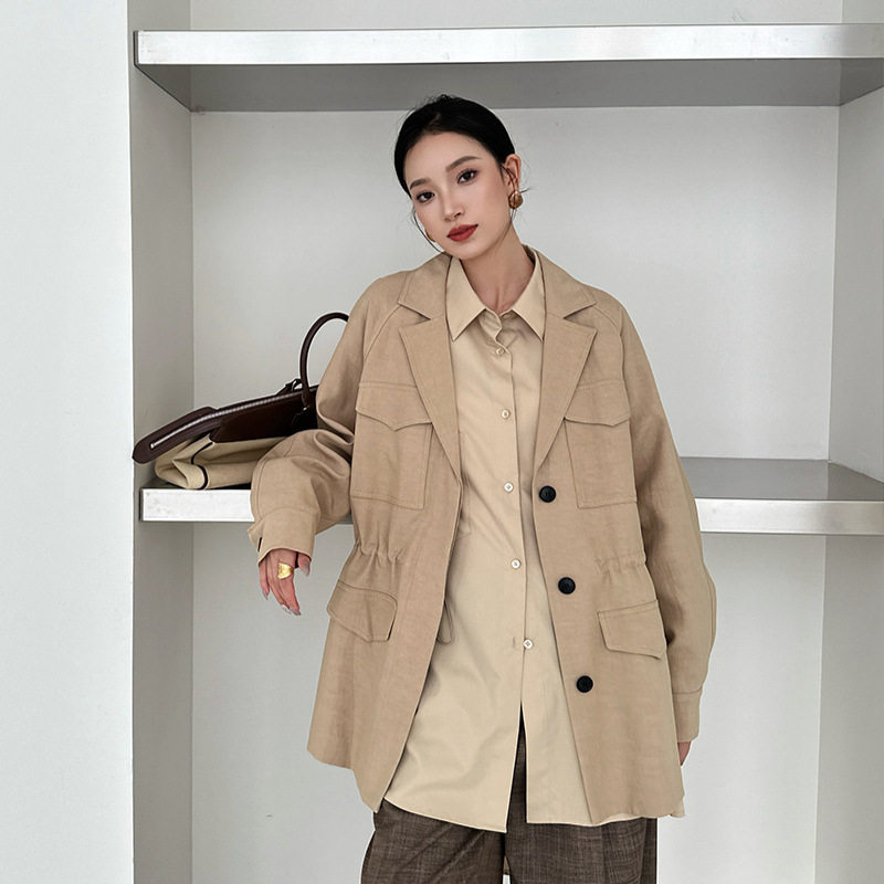ELSISSI八字领单排扣工装口袋西装外套女2025秋季新款高级感上衣