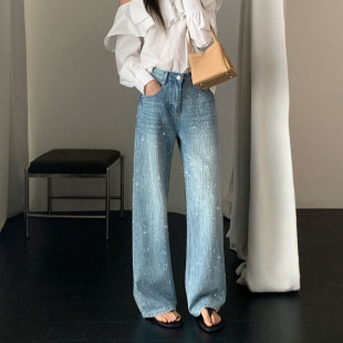 MAR 61693 春TOP广州十三行流星雨重工爆闪满钻设计拖地牛仔裤