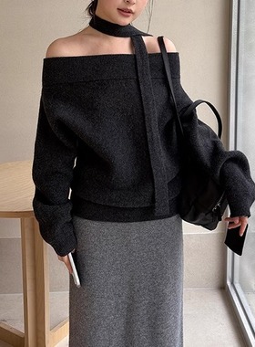 TG  mar氛围感温柔一字露肩飘带显瘦羊毛针织毛衣女2025冬季25976