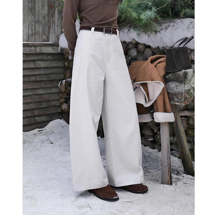 MAR时简 松弛感神裤 加绒加厚弯刀皮带裤冬天丝棉抽褶长裤92579