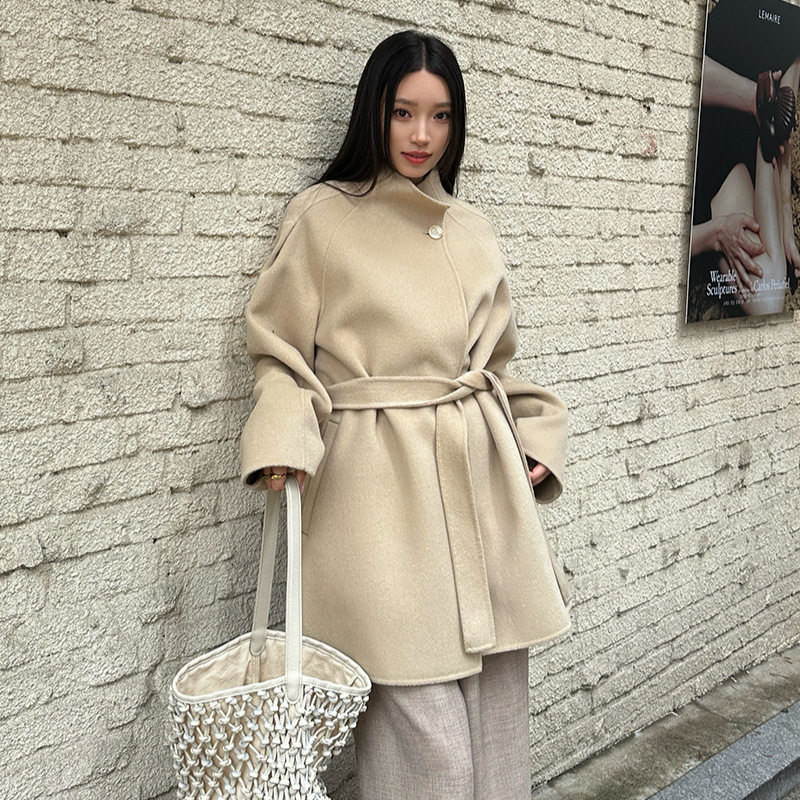 ELSISSI韩版双面羊绒毛呢大衣女小个子2025冬季羊毛绑带呢子外套
