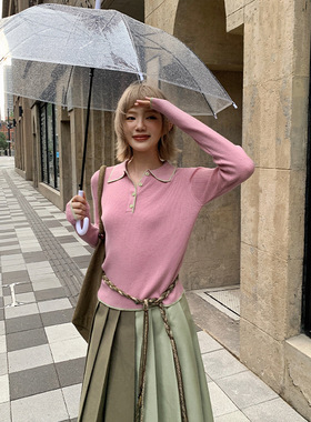 现货UNITY MODE 韩系绵羊毛撞色Polo领针织毛衣女显瘦上衣251060