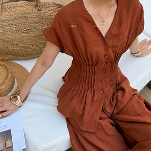 高级感橙色上衣 女春夏新款 爱姐家ELSISSI法式 捏褶气质v领收腰衬衫