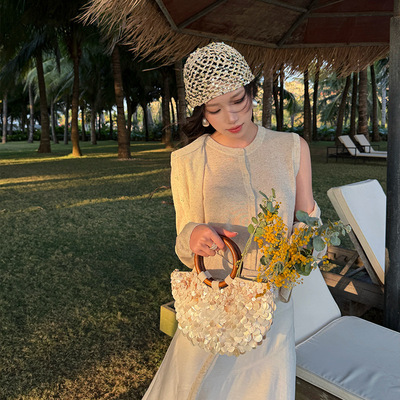 ELSISSI2026春季新款圆领彩点纱亚麻长袖上衣女度假风休闲针织衫