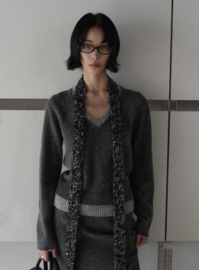 UNITY MODE miu系撞色V领羊毛毛衣女秋冬叠穿灰色针织衫软糯上衣