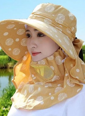 夏季女士披肩帽户外采茶帽防晒口罩帽大檐遮阳帽圆点蝴蝶结帽子