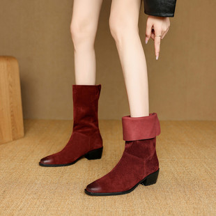 4.5cm酒红色粗跟韩系中筒靴女2025新款 真皮两穿洋气西部牛仔靴子