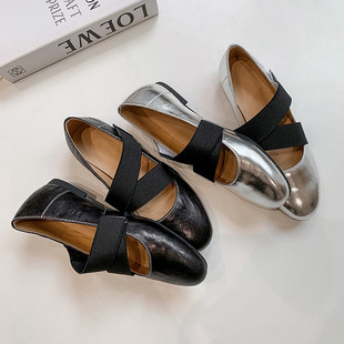 单鞋 内增高软底羊皮平底鞋 女真皮2025新款 银色圆头玛丽珍鞋