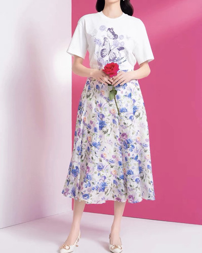 真丝夏季新品2025印花T恤半身裙