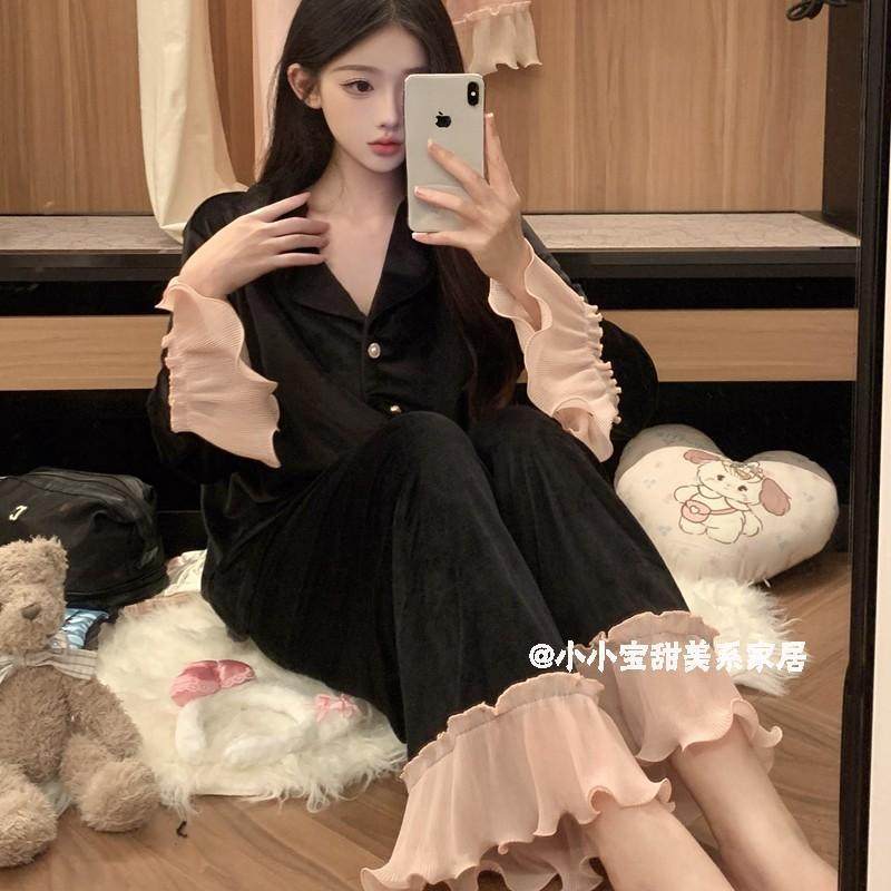 艺术生睡衣法式公主风睡衣女秋冬海岛绒双面绒加厚甜美木耳边高级